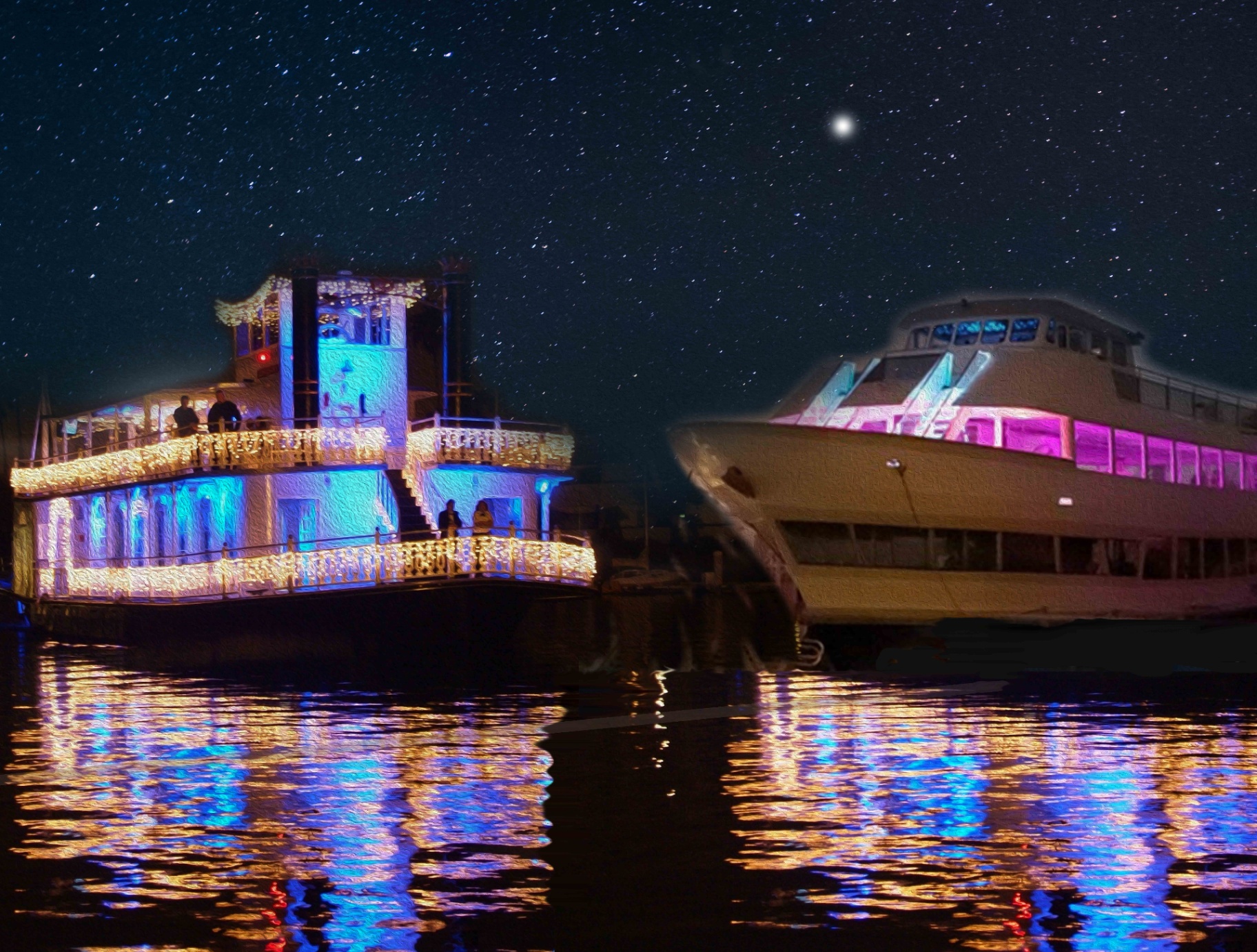 The Starlight yacht alongside the Scarlett Belle at night under a starry sky